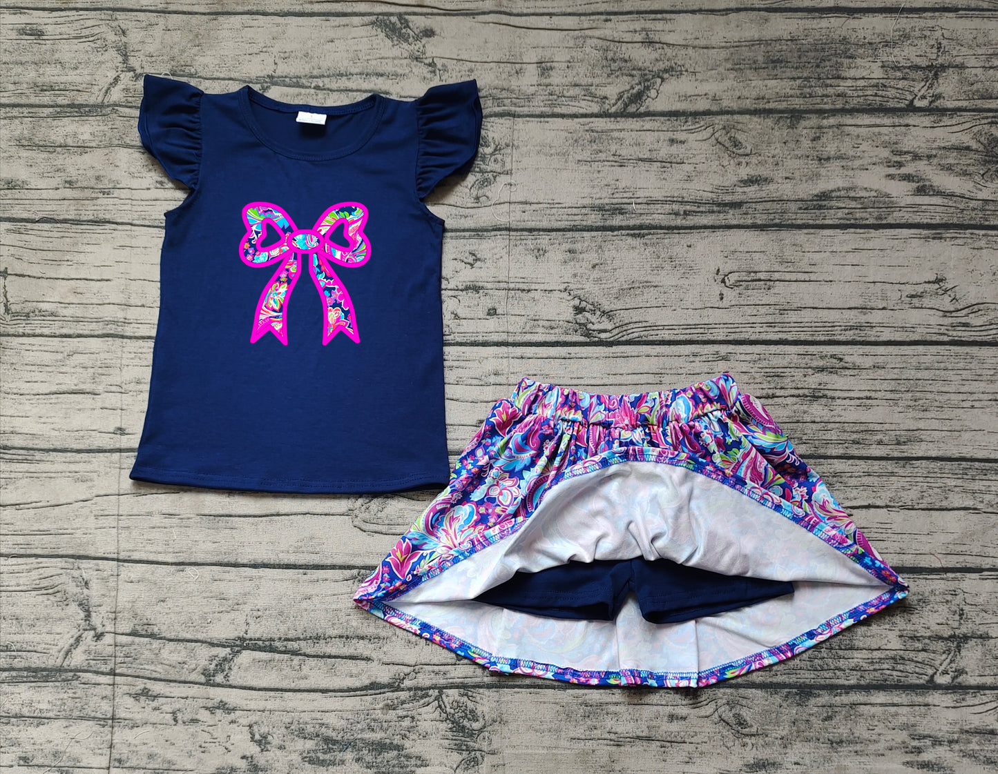 GSD1689Floral Skirt And Navy Bow Top Set Baby Girls Clothes Infant Outfit with Bow Detail Toddler Girl's Clothing Set