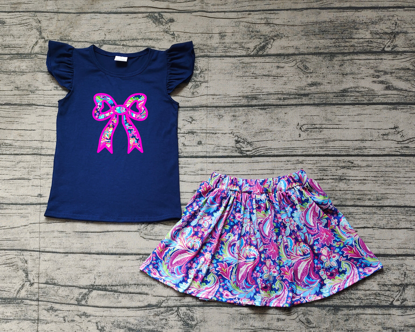 GSD1689Floral Skirt And Navy Bow Top Set Baby Girls Clothes Infant Outfit with Bow Detail Toddler Girl's Clothing Set