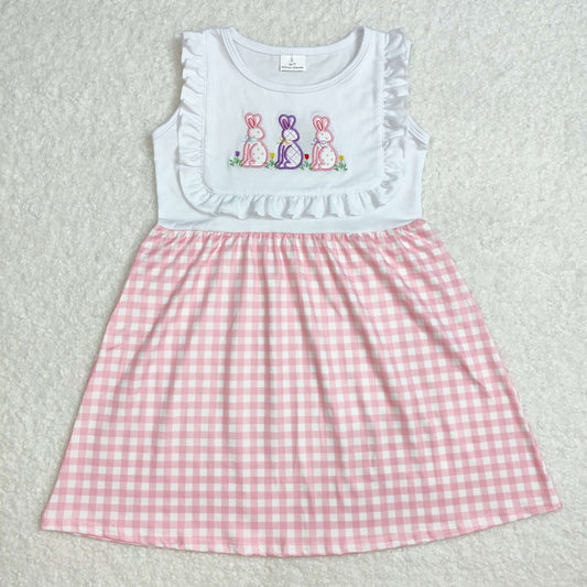 GSD1696White Ruffle Bunny Plaid Dress for Baby Girls Easter Outfit Toddler Girls Floral Print Party Dress Spring Frock