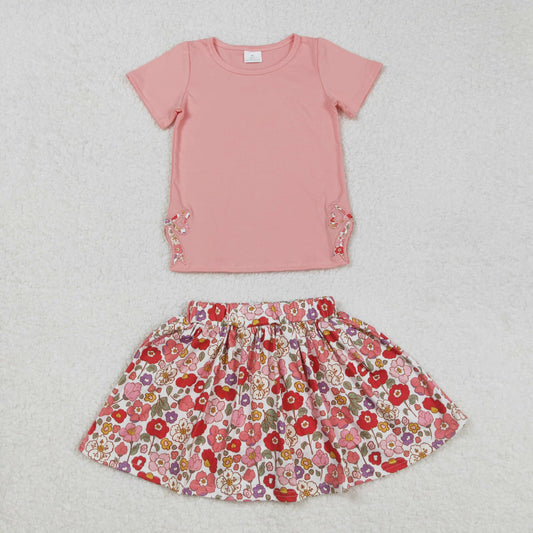 GSD1721RTS NO MOQ Baby Girls Skirt Sets Kids Girls Peach Floral Skirt Set with Short Sleeves Bow Top - Floral Outfit for Children
