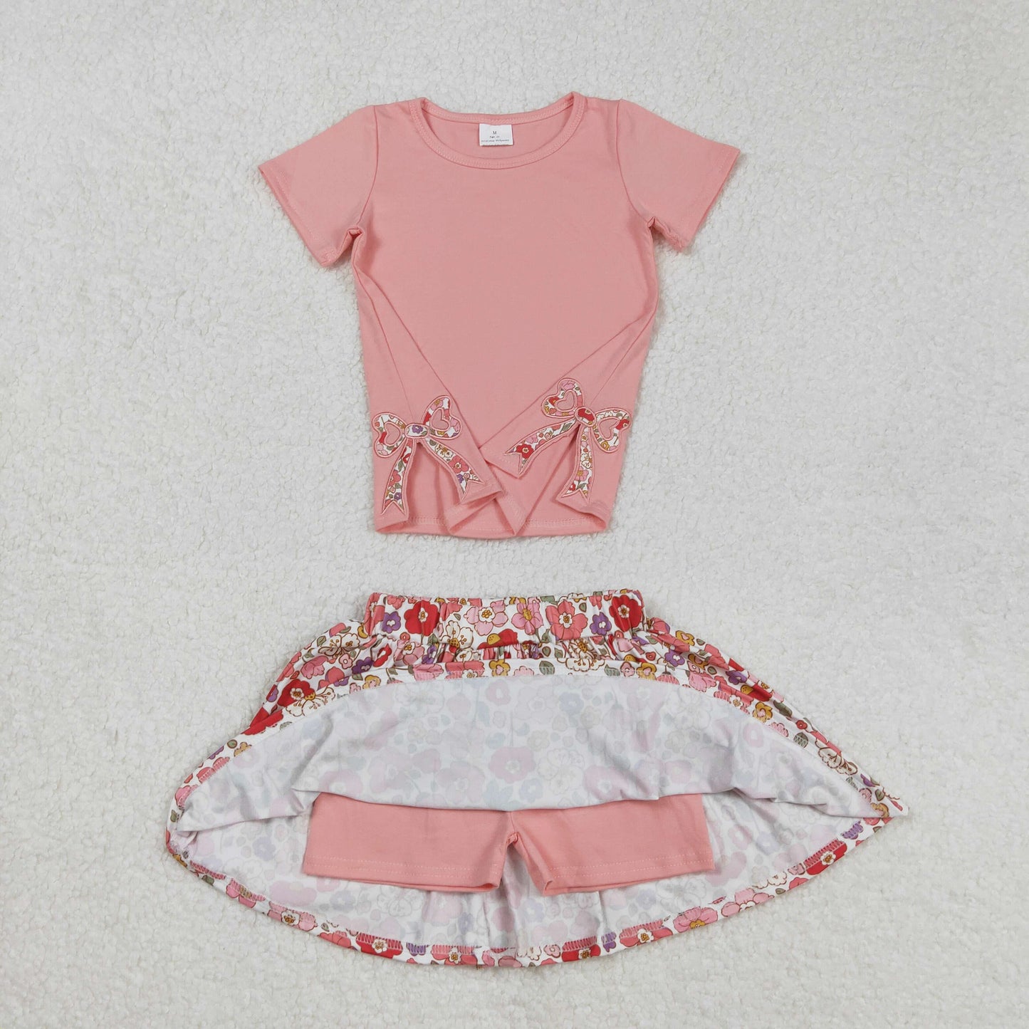 GSD1721RTS NO MOQ Baby Girls Skirt Sets Kids Girls Peach Floral Skirt Set with Short Sleeves Bow Top - Floral Outfit for Children
