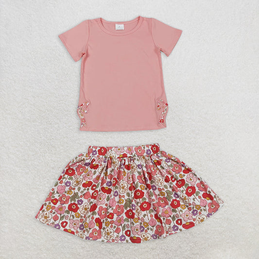 GSD1721RTS NO MOQ Baby Girls Skirt Sets Peach short sleeves bow top floral skirt kids girls clothes