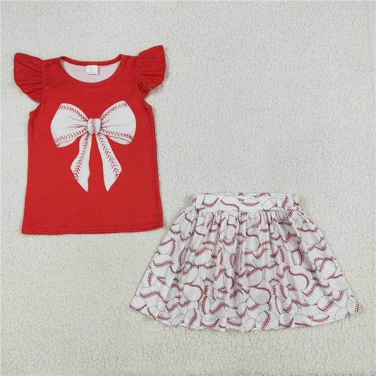 4.12 GSD1722  RTS NO MOQ Red flutter sleeves baseball bow top skirt girls clothes