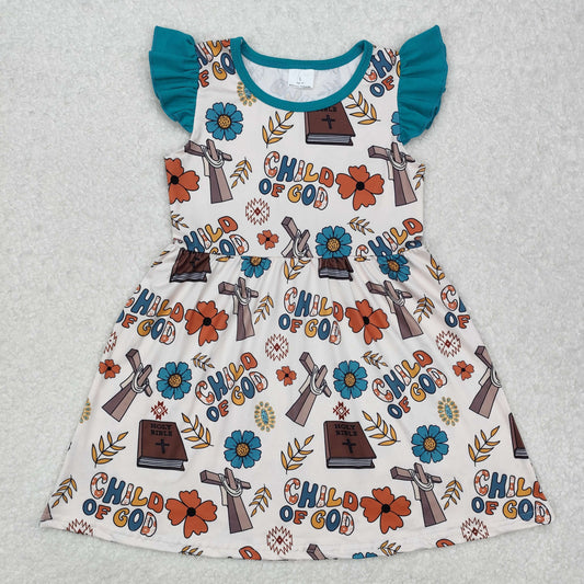 GSD1742Flutter sleeves child of god cross floral baby girls dresses