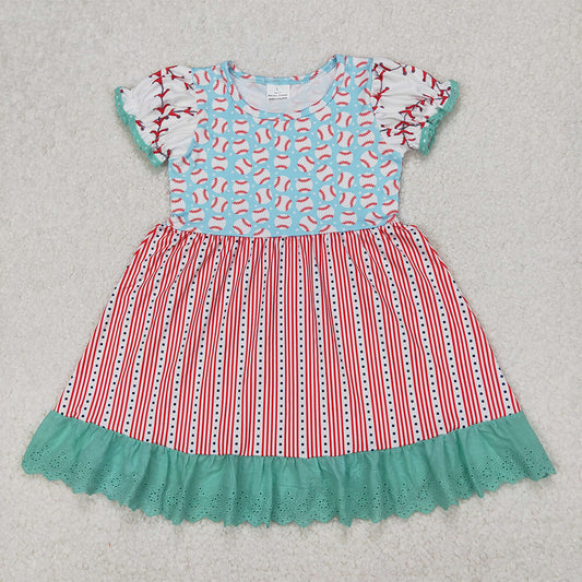 4.08 GSD1749 RTS NO MOQ Baby Girls Summer Dress Aqua Short Ruffle Sleeves Baseballs Print Red Stripe Lace Dresses