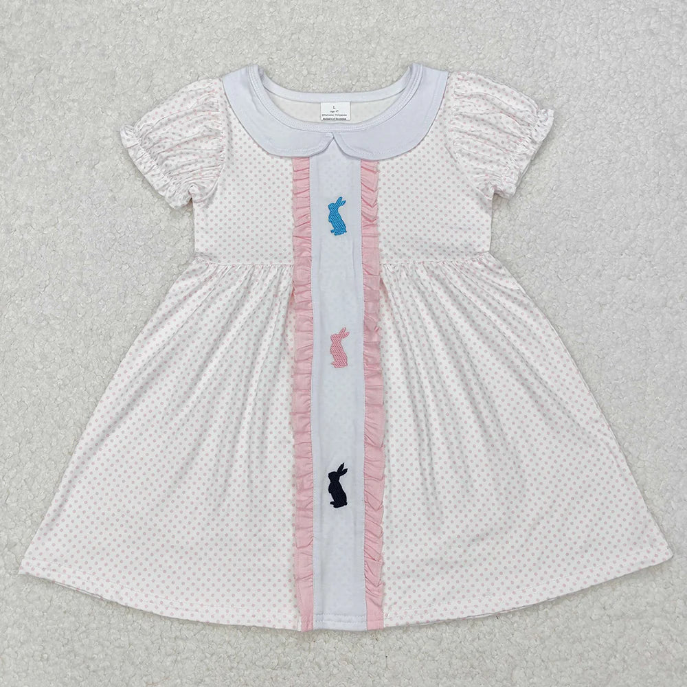 12.5 RTS Embroidery Baby Girls Easter Rabbits Polka Dots Rompers Dresses