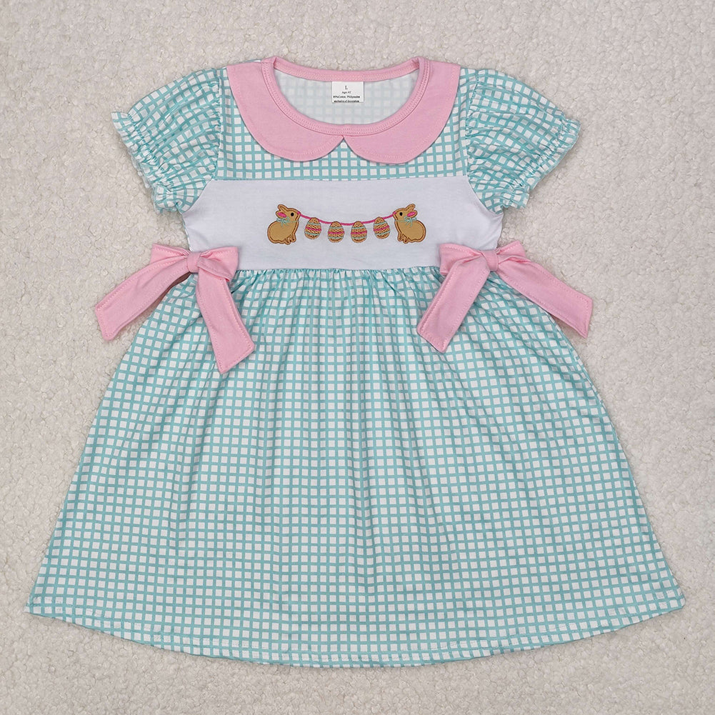 GSD1773Girls Plaid Bunny Eggs Bow Easter Dress Short Sleeves Spring Frock for Kids