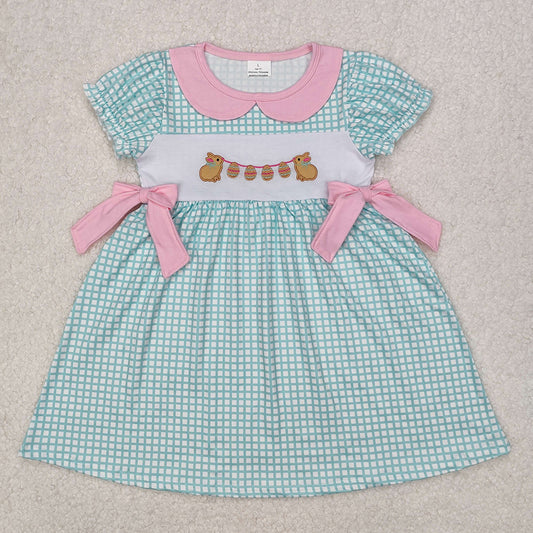 GSD1773Girls Plaid Bunny Eggs Bow Easter Dress Short Sleeves Spring Frock for Kids