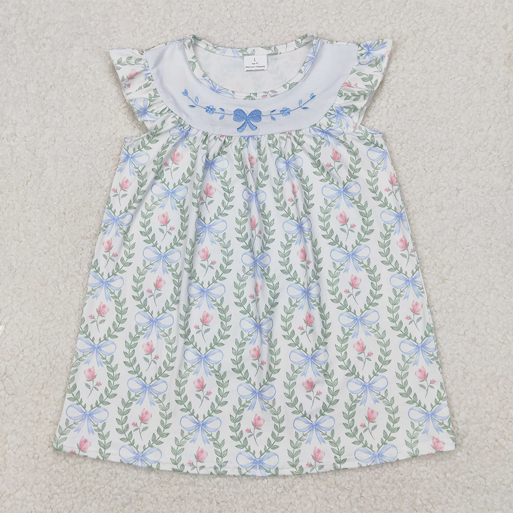 4.17 GSD1779 RTS NO MOQ Embroidered bow pattern flower leaf flying sleeve dress