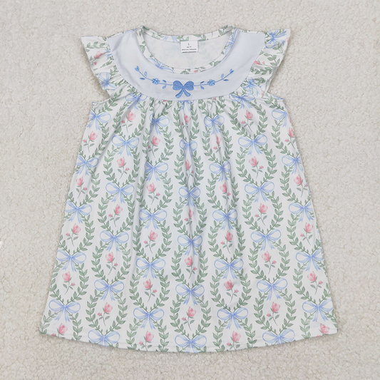 4.17 GSD1779 RTS NO MOQ Embroidered bow pattern flower leaf flying sleeve dress