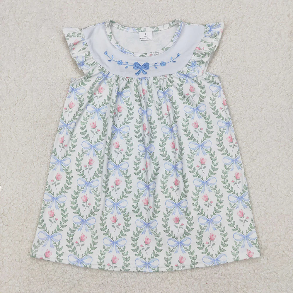12.4 RTS Sibling Embroidery Baby Girls Spring Bows Leaves Rompers Dresses