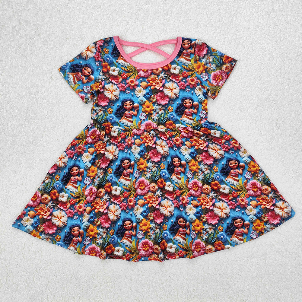 GSD1785Blue Floral Princess Baby Girls Dress Short Sleeves Cute Children's Clothing for Little Girls