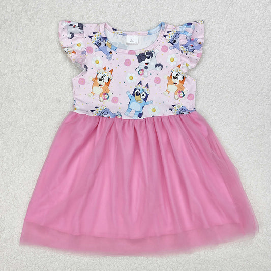 GSD1789Kids Girls Pink Floral Tulle Dress with Flutter Sleeves Dog Pattern Cute Children's Party Wear