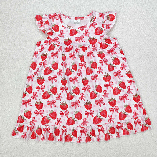 GSD1811Baby Girls Dress with Flutter Sleeves And Strawberry Bow Cute And Fashionable Kids Clothing for Girls