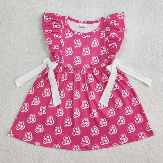 GSD1812Girls Ruffle Hot Pink B Bow Party Summer Dresses Kids Fashion Casual Dress for Girls