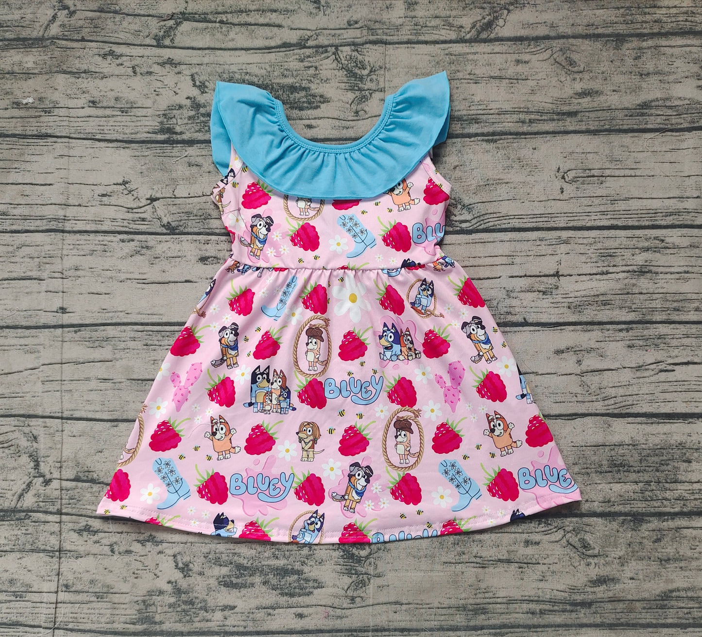 GSD1813Fashionable Sleeveless Ruffle Dress with Dog, Strawberry and Boots Motifs for Girls