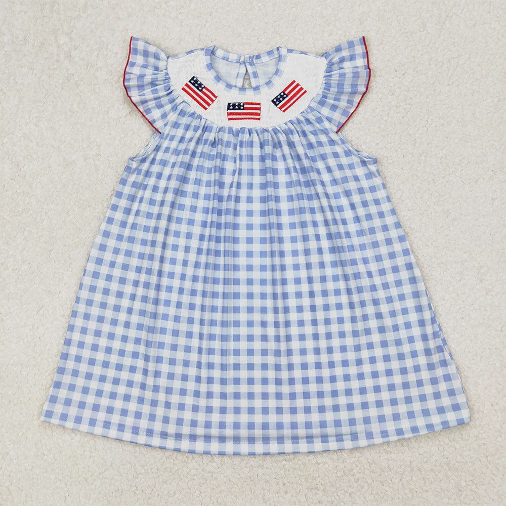 4.11 RTS NO MOQ Light blue plaid flag smocked girls 4th of july dresses romper