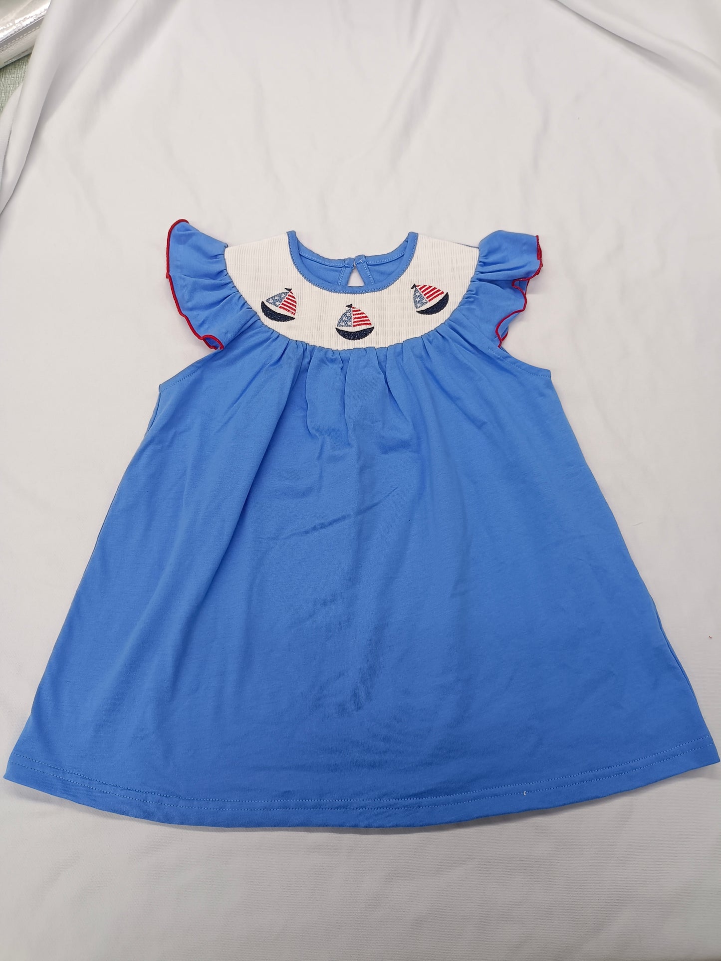GSD1818Light Blue Boat Smocked 4th of July Dresses for Girls Cute Patriotic Smock Dress Summer Casual Kids Outfits