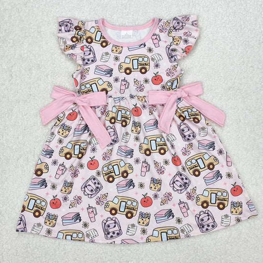 GSD1819Girls Back to School Dress with Flutter Sleeves Apple Pencil Book Print Cute Casual Fashion for Women