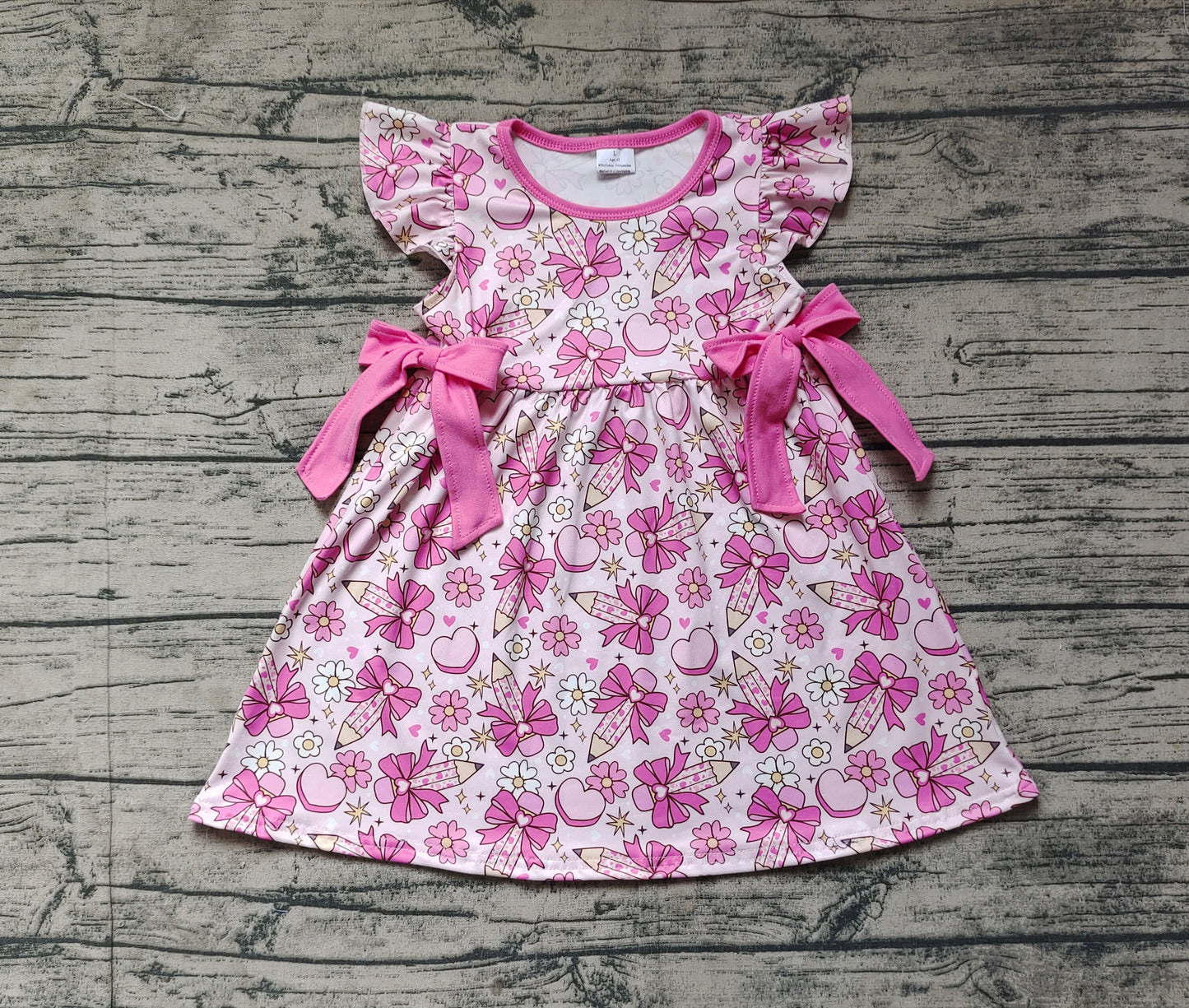 GSD1820Girls Floral Pencil Dress with Flutter Sleeves Bow Detail Back to School Dress for Kids