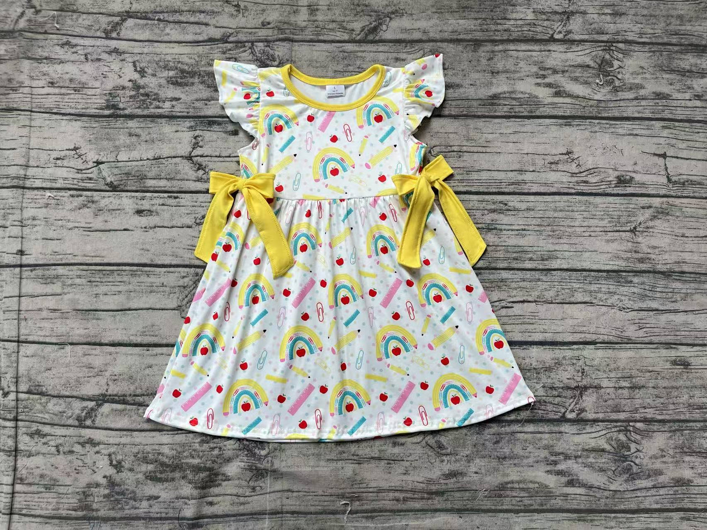 GSD1823Girls Rainbow Flutter Sleeve Apple Pencil Print Top Back to School Clothing Fun And Cute Kids' Fashion