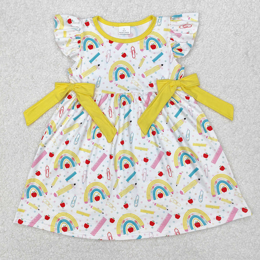 GSD1823Rainbow Girls Flutter Sleeve Apple Pencil Dress Cute Back to School Dress for Kids