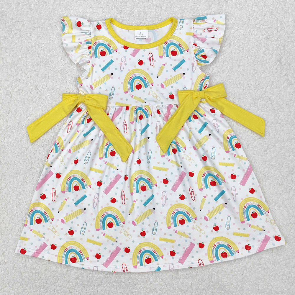 6.05  Girls Rainbow Pencil Skirt Outfit Yellow Apple Design Back to School Ensemble for Kids