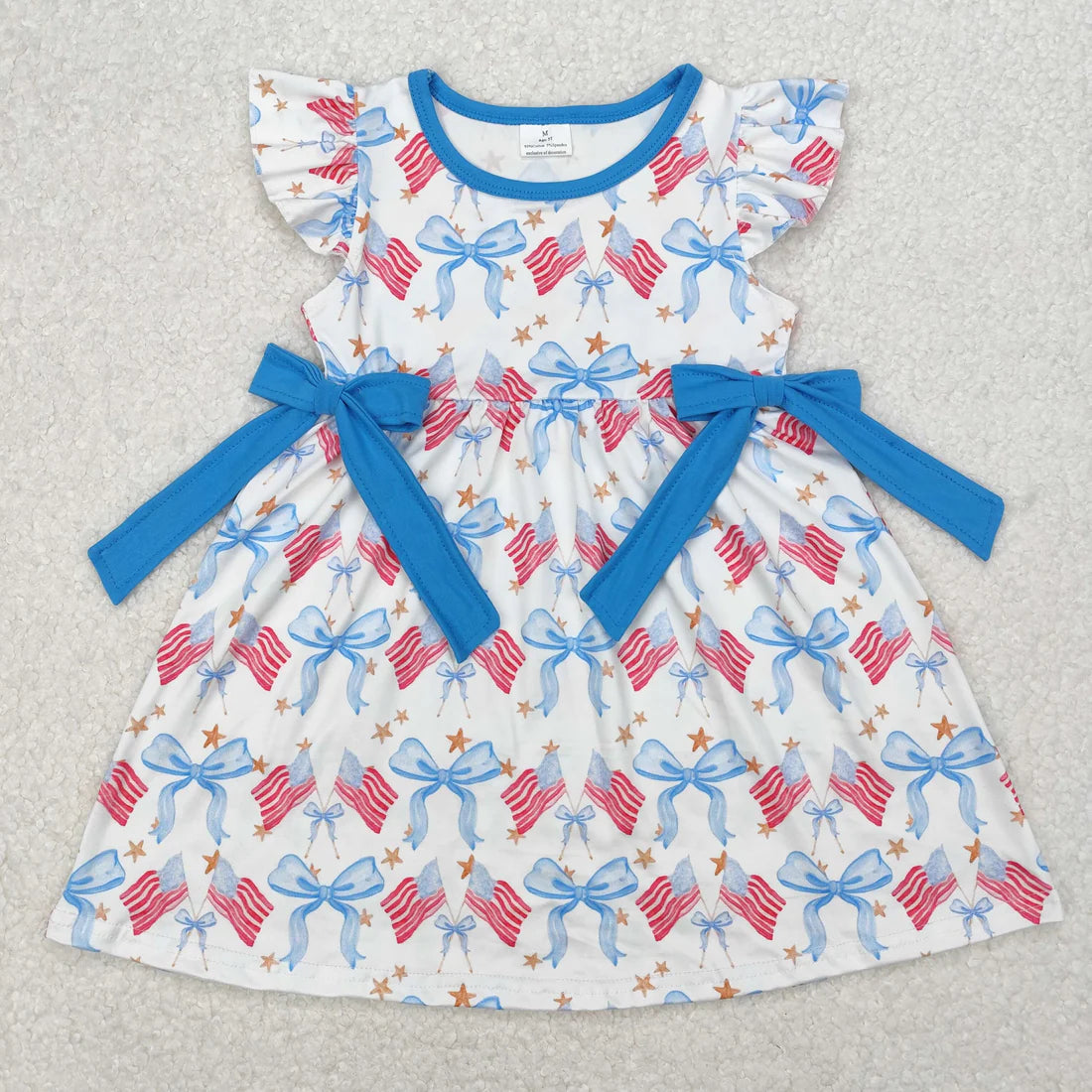 3.18 RTS Sibling Baby Girls Flutter Sleeve Flags Bows Stars 4th of July Ruffle Knee Length Dresses