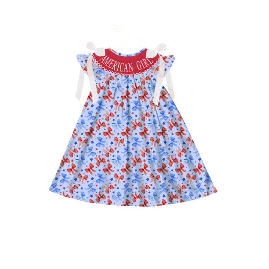 GSD1827America girl blue red bows baby girls 4th of july dresses