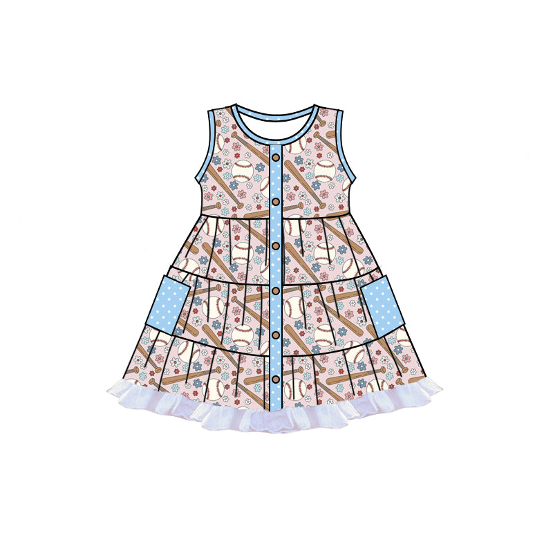 GSD1830Sleeveless baseball floral patchwork pocket girls dresses