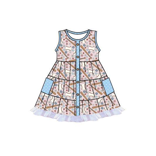 GSD1830Sleeveless baseball floral patchwork pocket girls dresses