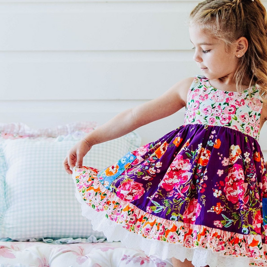 GSD1832Sleeveless pink purple floral ruffle baby girls dresses