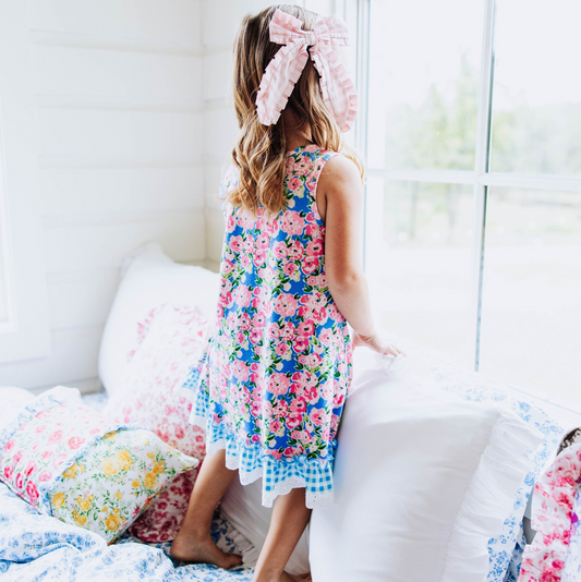GSD1833Sleeveless blue floral plaid ruffle girls night dresses