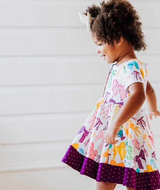 GSD1834Short sleeves bow purple polka dots girls summer dresses