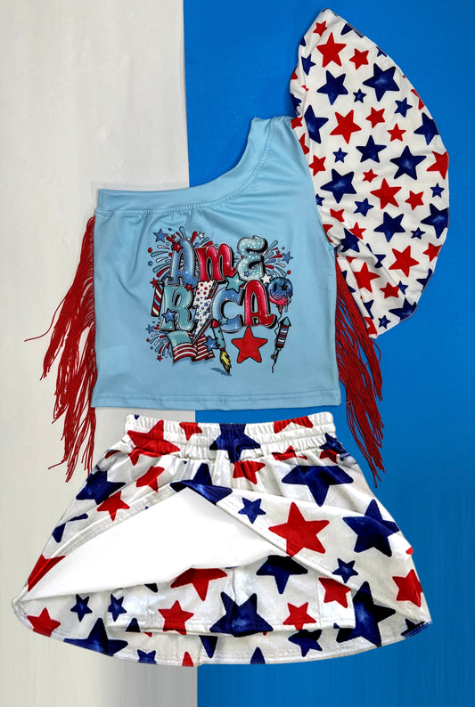 GSD1836One shoulder America tassels top skirt girls 4th of july set