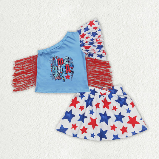 GSD1836RTS NO MOQ Baby Girls Skirt Sets Baby Girls One Bell Shoulder Sleeves Tassel Top Stars Skirts With Short 4th Of July Set