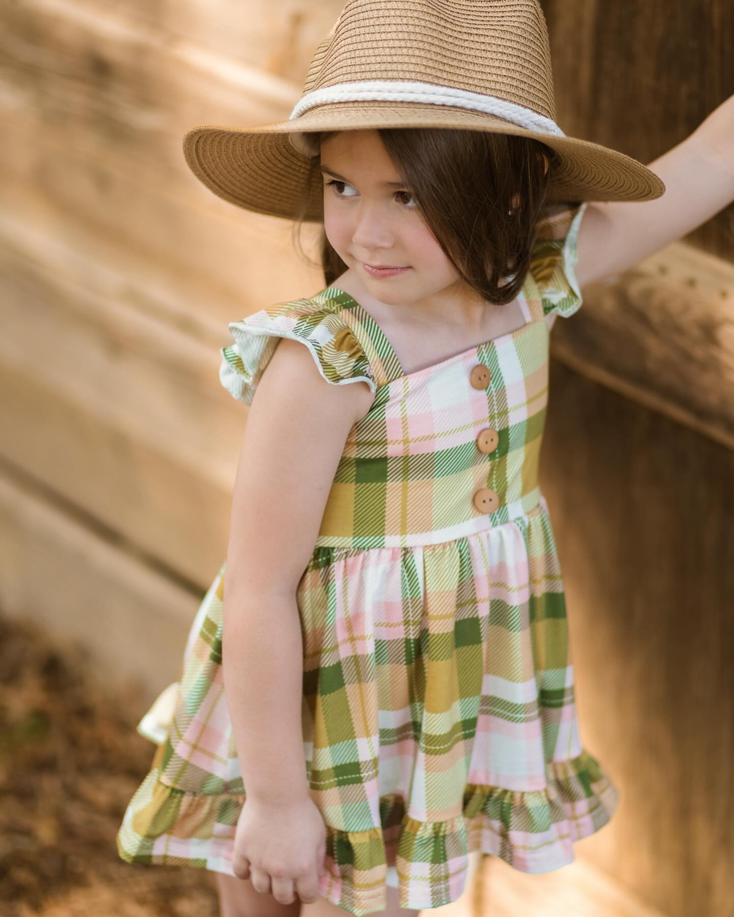 GSD1842Flutter sleeves green pink plaid baby girls summer dress