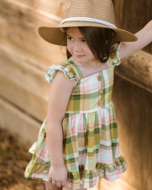 GSD1842Flutter sleeves green pink plaid baby girls summer dress