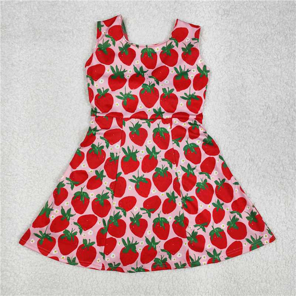 5.19  GSD1843 RTS NO MOQ Sleeveless strawberry floral baby girls athletic dresses