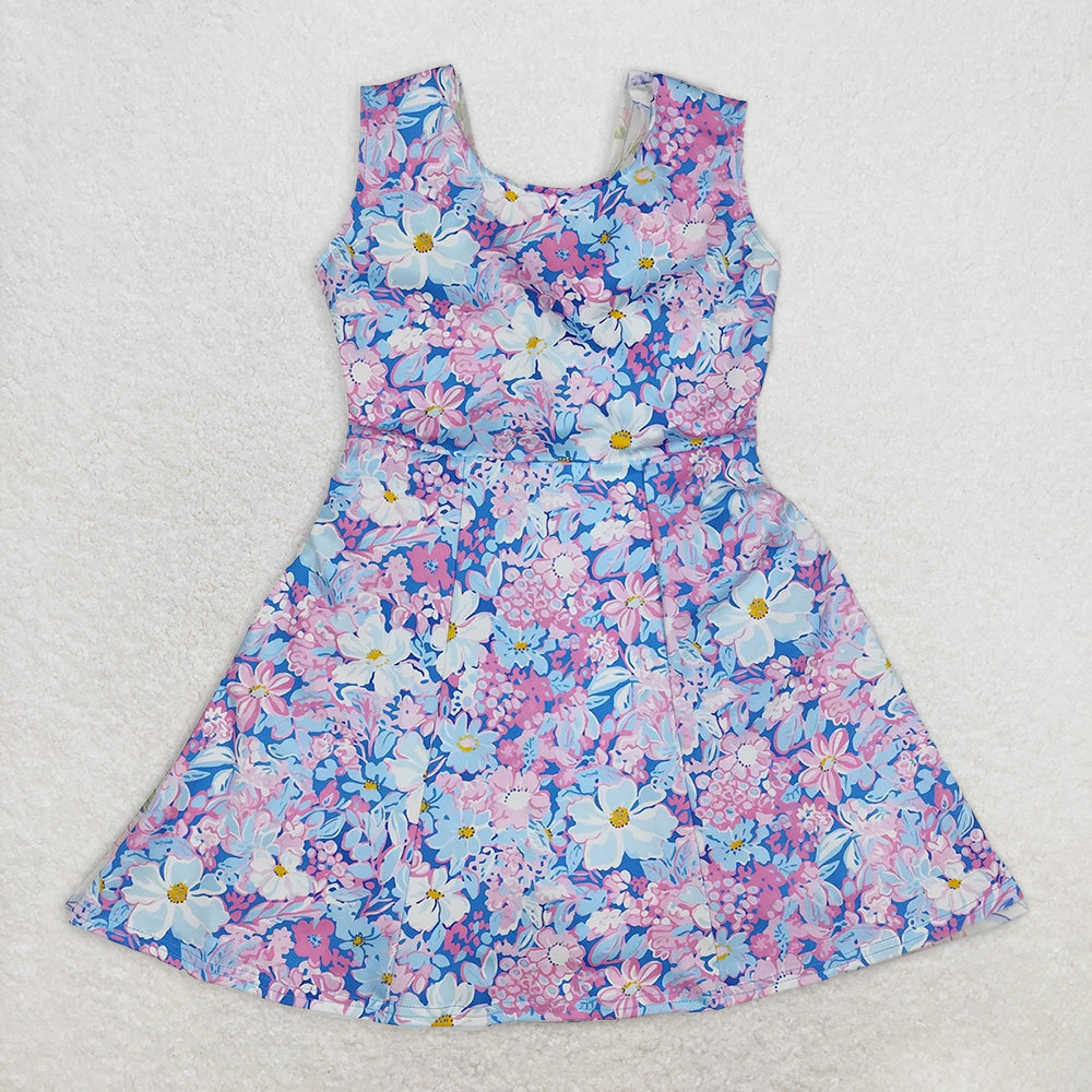 5.28  GSD1845 RTS NO MOQ Baby Girls Summer Yoga Dress Sleeveless blue pink floral baby girls athletic dresses