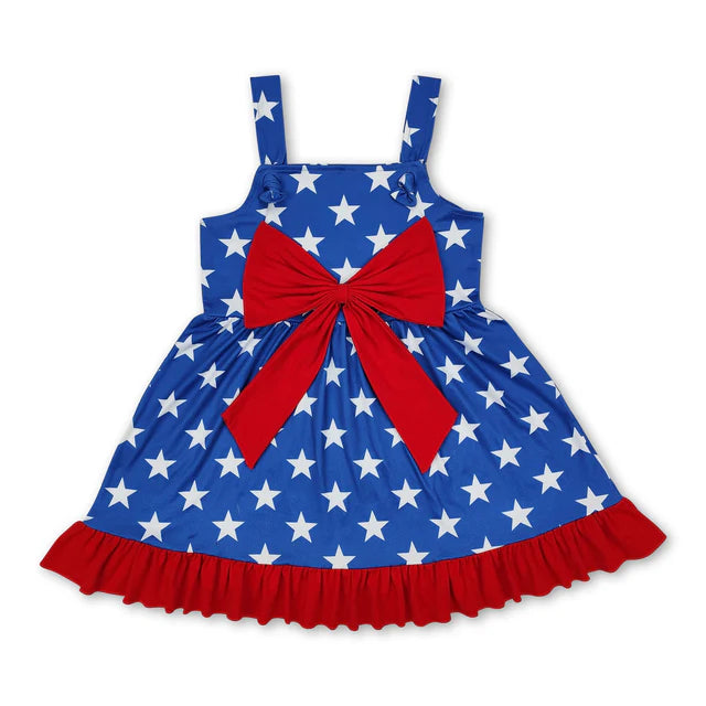 RTS Sibling Blue straps stars ruffle bow baby girls 4th of july dresses and romper
