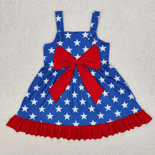 GSD1854Baby Girls Blue Straps Stars Ruffle Bow Dress for 4th of July Independence Day Outfit