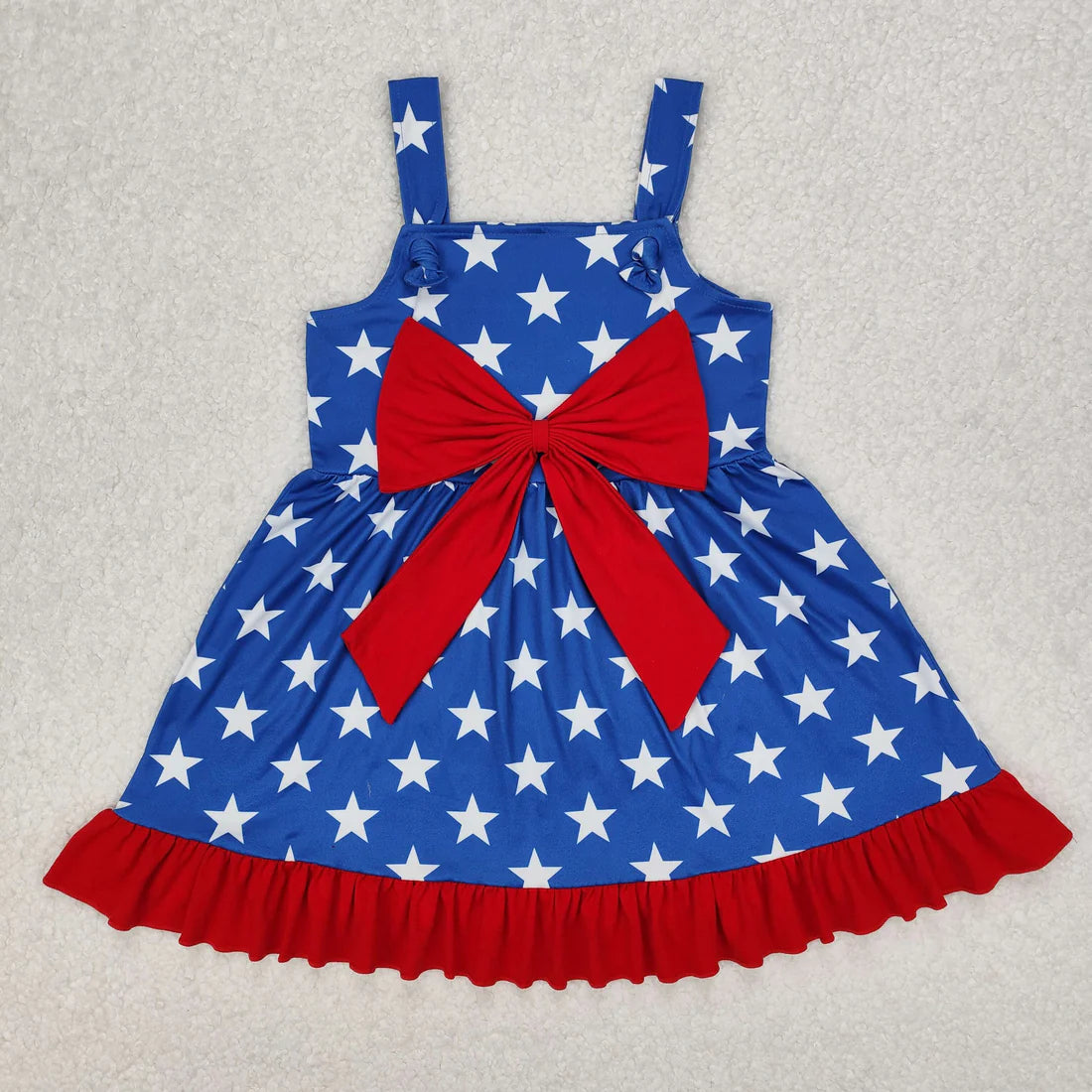 3.18 RTS Sibling Baby Girls Strap Bows Cows 4th of July Western Ruffle Knee Length Dresses