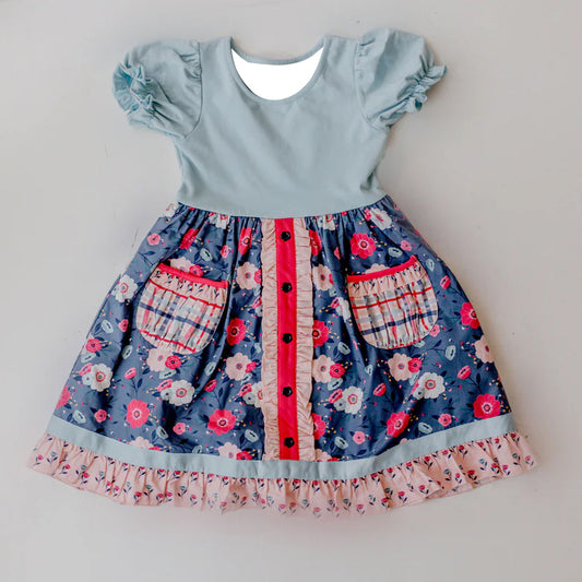 GSD1856Short sleeves floral pockets ruffle baby girls dresses