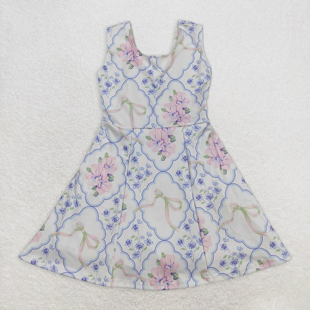 GSD1864RTS NO MOQ Baby Girls Summer Yoga Dress Sleeveless light blue pink floral bow baby girls athletic dresses
