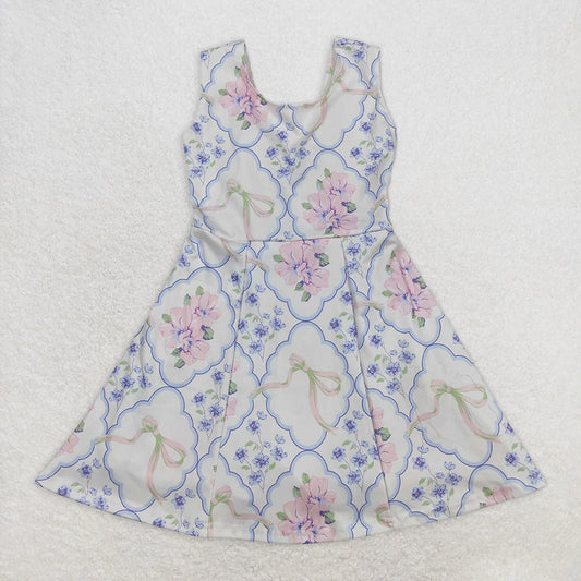 GSD1864RTS NO MOQ Baby Girls Summer Yoga Dress Sleeveless light blue pink floral bow baby girls athletic dresses