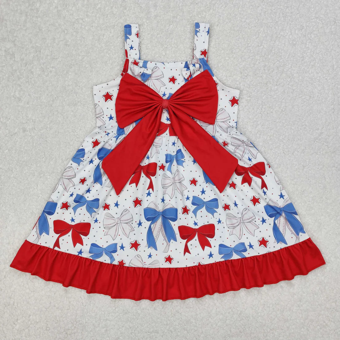 3.18 RTS Sibling Baby Girls Strap Bows Cows 4th of July Western Ruffle Knee Length Dresses