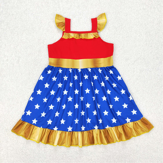 4.25 GSD1877  RTS NO MOQ Red blue stars flutter sleeves ruffle princess girls dress