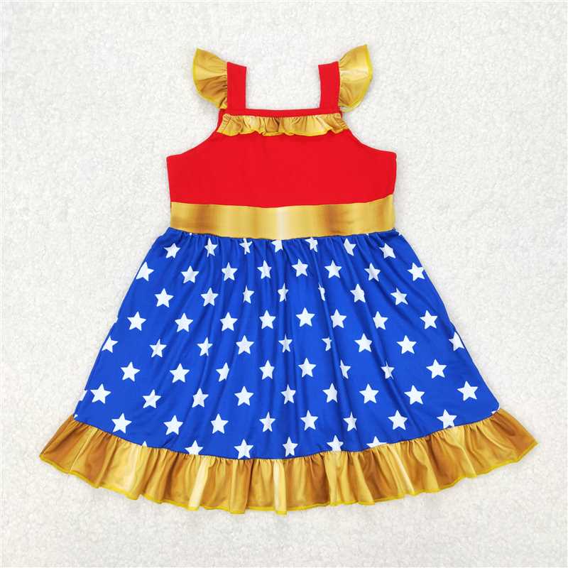 4.26 RTS NO MOQ Baby Girls Yellow Cow Print Dress with Flutter Sleeves And Ruffles Cute Infant Clothing
