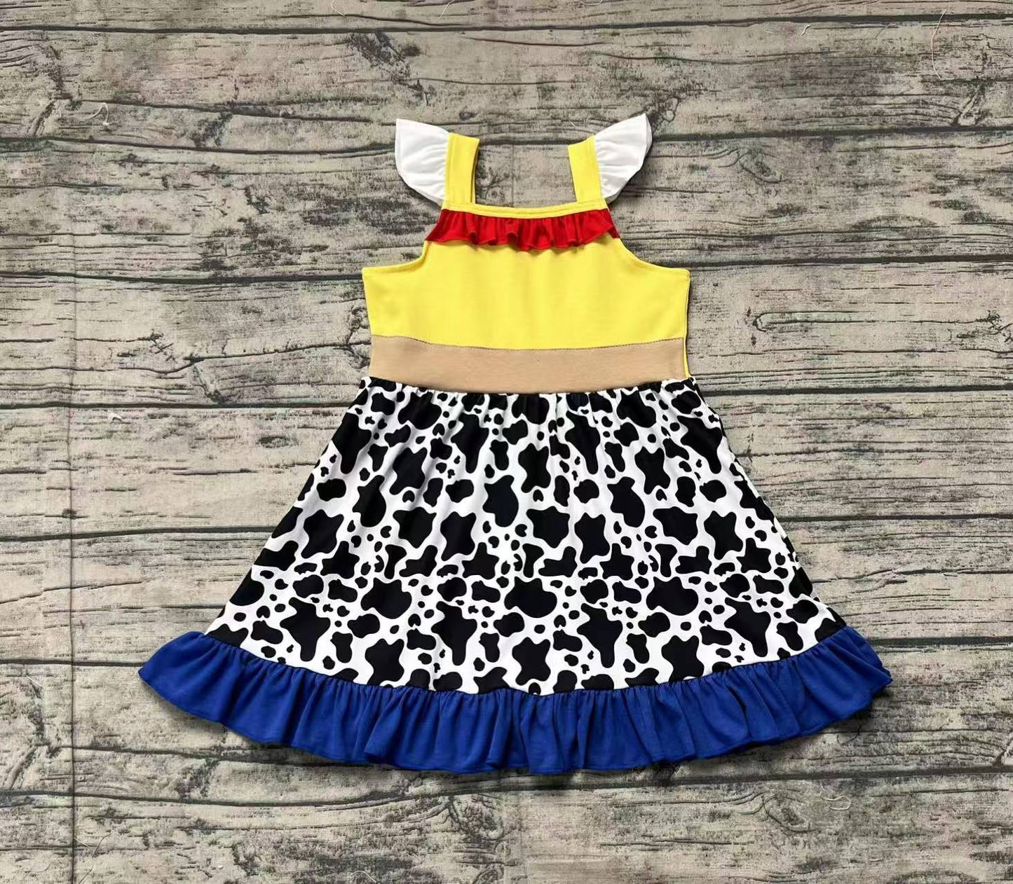 GSD1881Baby Girls Yellow Cow Print Dress with Flutter Sleeves And Ruffles Cute Infant Clothing